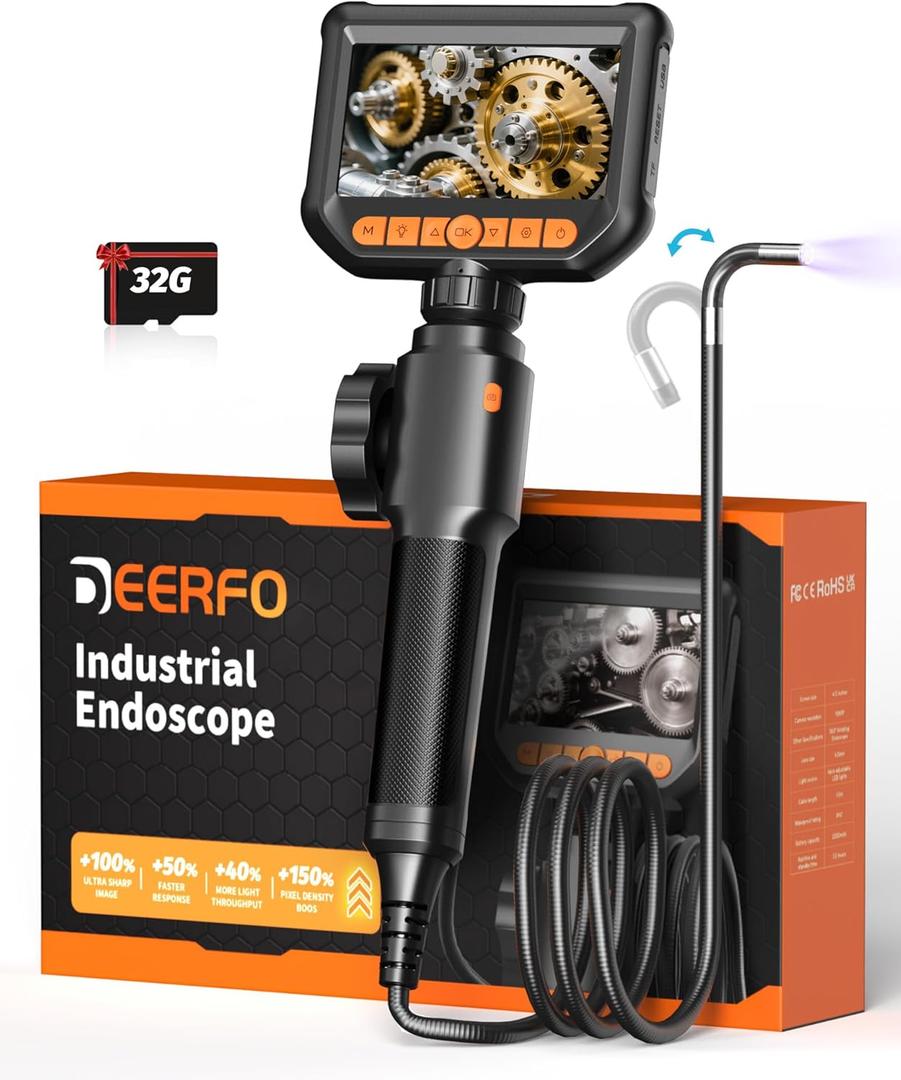2-Way Articulating Borescope Camera with Light, 0.24 in Endoscope, 1080P HD Snake Inspection Camera, 4.3" Screen, 5FT Flexible Cable for Sewer Pipe Plumbing HVAC Automotive Wall, Video & Photo, DEERFO