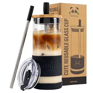 Pandaloo Glass Cups With Lids and Straws -20 Fl Oz- Perfect Size Iced Coffee Cup - Smoothie Cup With Bamboo Lid and On the go Lid 