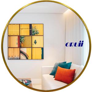 Gold Round Mirror 28 inch, Large Circle Mirror Gold Metal Frame, Golden Round Bathroom Mirrors, Circular Mirrors for Wall, Living Room, Dining Room, Entryway