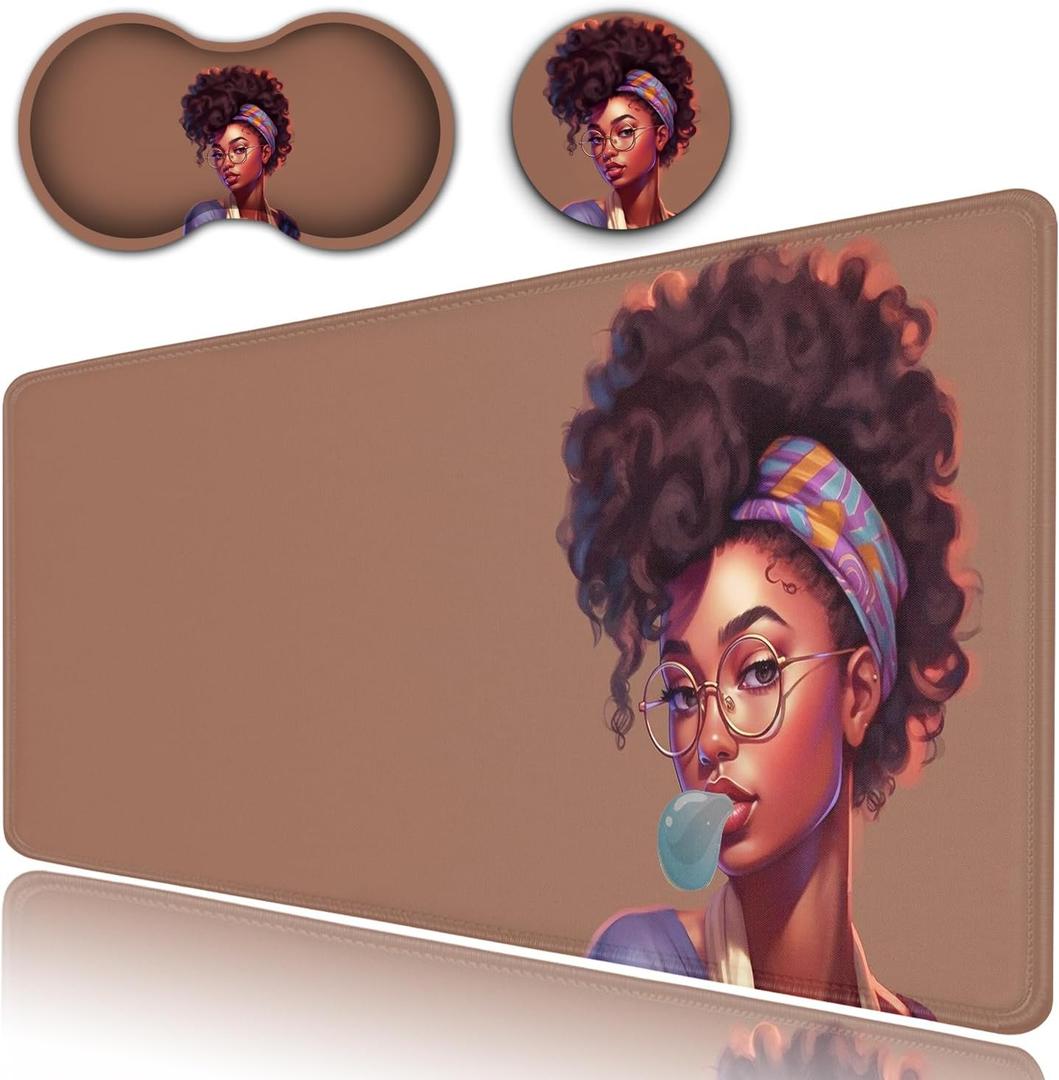 Desk Pad, Extended Large Mouse Pad with Stitched Edges (31.5X11.8In), Ergonomic Mouse Wrist Rest Support, Waterproof Computer Keyboard Mouse Mat, Cute African Black Girls XXL Brown Gaming Mouse Pad