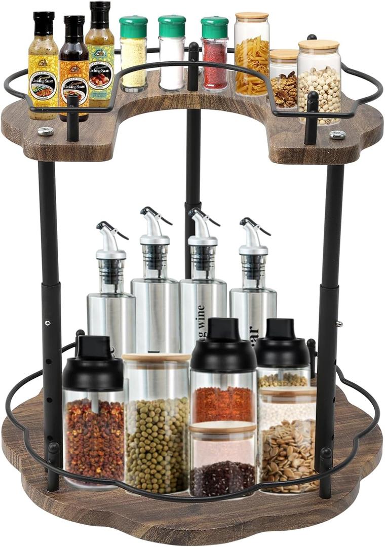 Petyoung 2 Tier Lazy Susan Organizer Rotating, 3 Height Adjustable Spinning Spice Rack with Stable Carousel Base, Wood Turntable Storage Rack for Kitchen Countertop Cupboard