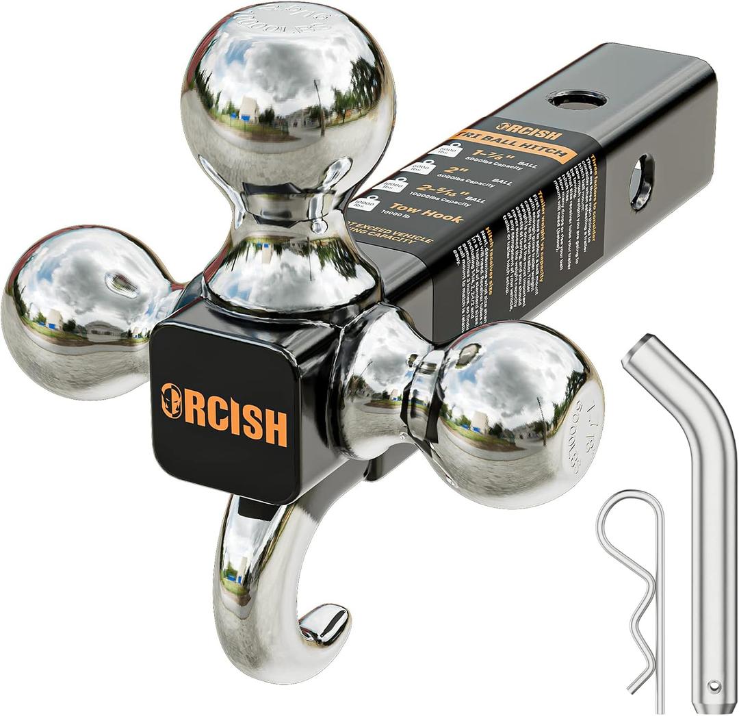 ORCISH Trailer Hitch Tri-Ball Mount with Hook & Pin, Chrome Trailer Ball Sizes 1-7/8", 2" & 2-5/16", Fit 2 Inch Hitch Receiver, 10,000 LBS Max Towing for RVs, SUVs, ATVs & Trucks (Classic)