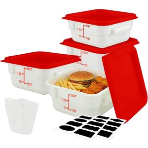 Square Food Containers with Lids 4-Pack, Commercial Grade Plastic Bins for Restaurant Kitchen Pantry Storage, Freezer & Dishwasher Safe (Red, 2QT-4PACK)