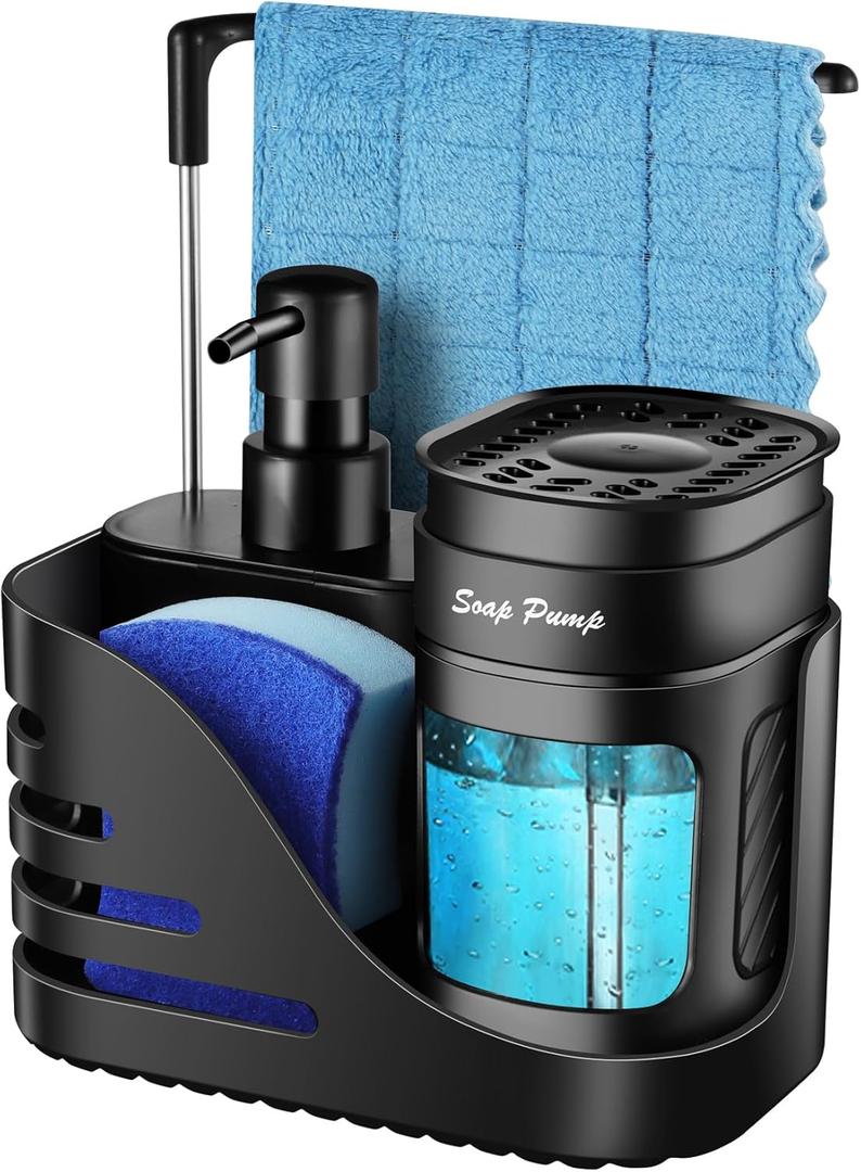 Kitchen Soap Dispenser Set, 4-in-1 Dual Hand and Dish Soap Dispenser with Sponge Holder and Dishcloth Holder for Kitchen Sink (Black)
