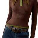 WDIRARA Women's Quarter Button Collared Sweater Long Sleeve Pullover Knit Tops Vintage Knitwear (Brown, M)
