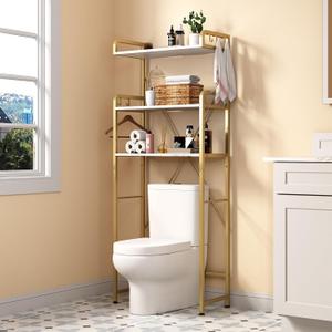 Over The Toilet Storage Rack with 3-Tier Shelves, Space Saver Toilet Shelf, Laundry Organizer with Hooks for Over Toilet Storage and Space Saver (White & Gold), 24 inches x 9.45 inches x 63 inches