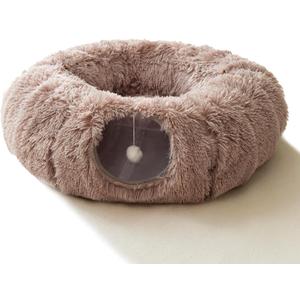 HIPIPET Winter Plush Cat Tunnel with Bed for Small Medium Large Cats, Multifunctional Cat Toys (Light Brown)