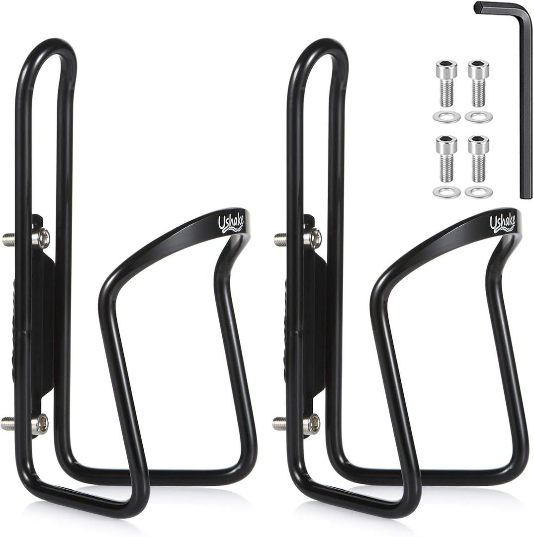 USHAKE Water Bottle Cages, Basic MTB Bike Bicycle Alloy Aluminum Lightweight Water Bottle Holder Cages Brackets, (2 Pack- Drilled Holes Required) (Black)