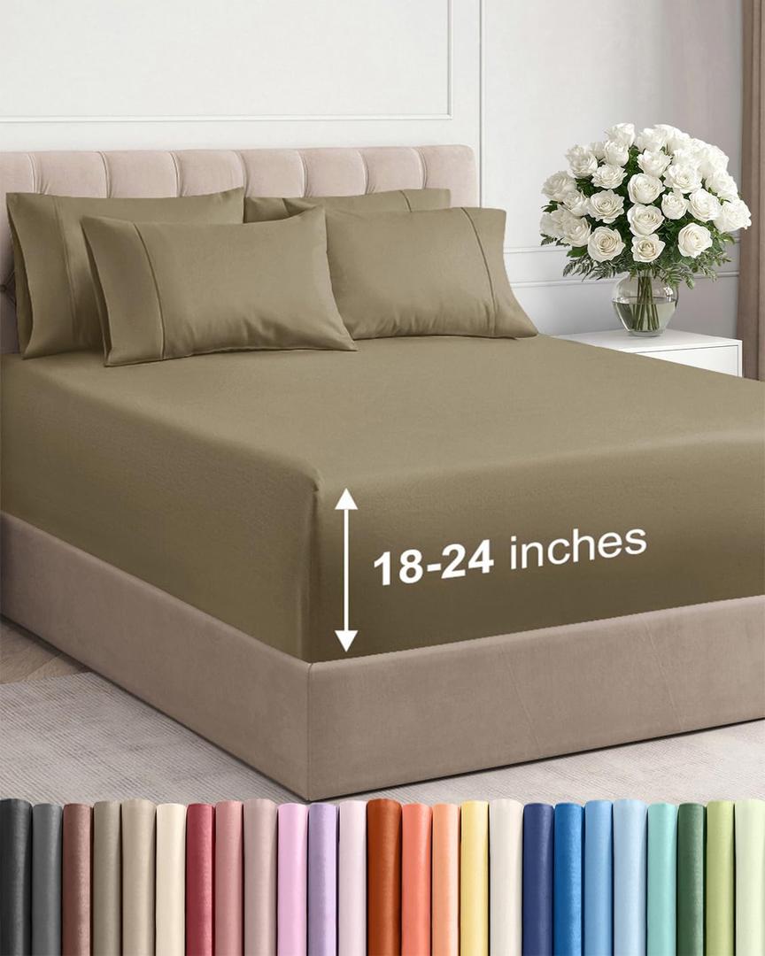 Extra Deep Queen Sheet Set - 6 Piece Breathable and Cooling Sheets - Hotel Luxury Bedding for Women, Men, Kids & Teens - Easy & Secure Fit - Soft, Wrinkle Free and Comfy - Extra Deep Pockets - Khaki