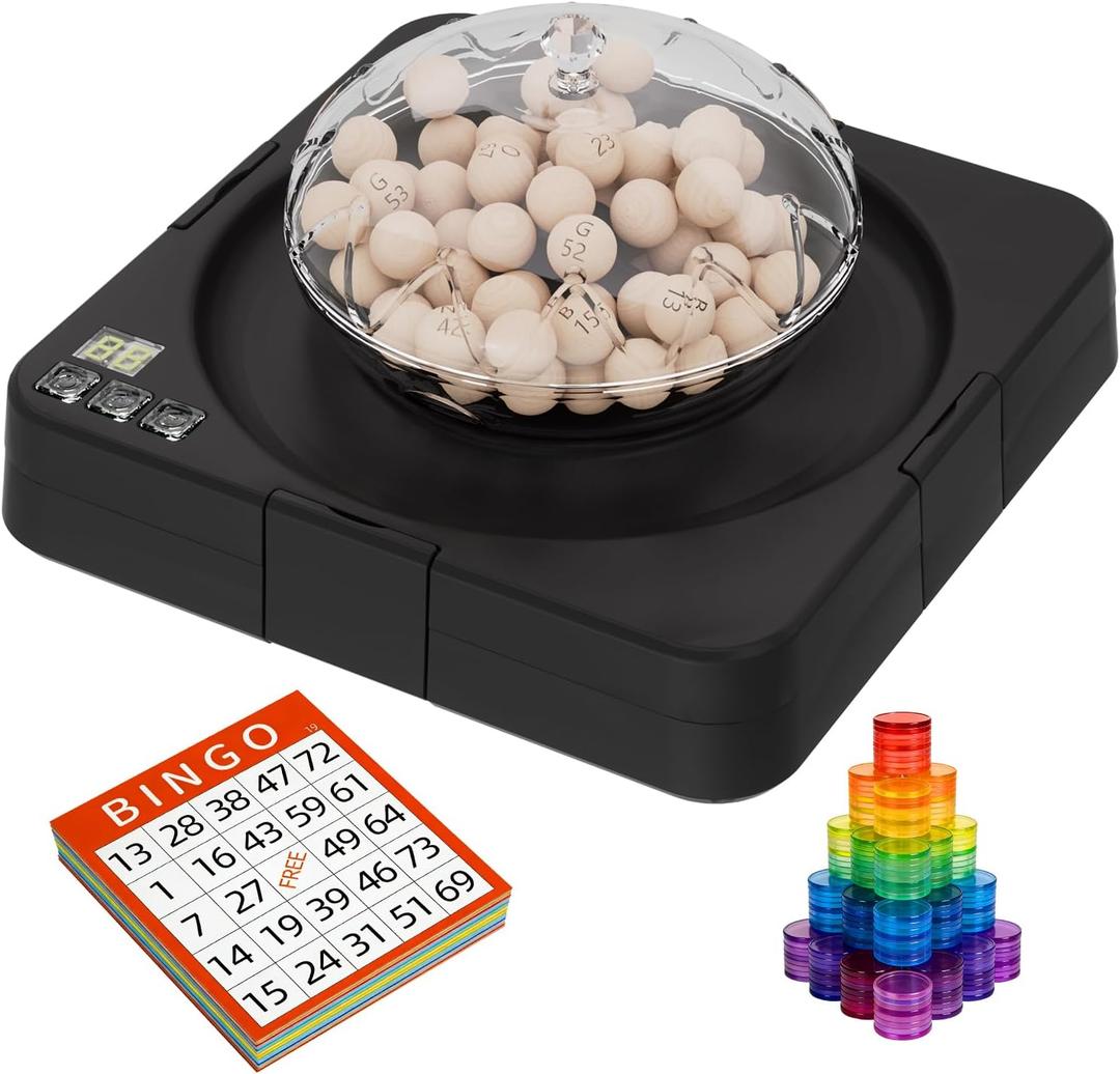 Bingo Cage and Balls Set, Automatic Bingo Machine, 75 Bingo Balls, 50 Bingo Cards, 100 Translucent Bingo Chips and Master Board for Large Groups