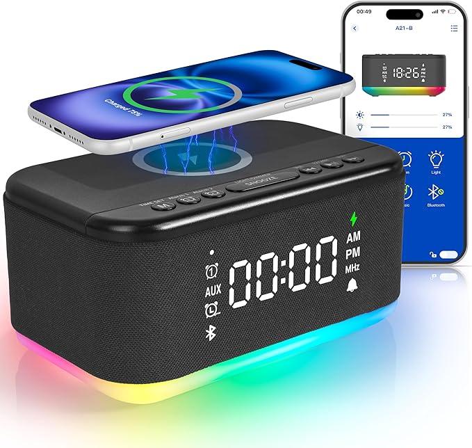 Bluetooth Alarm Clock Radio Bedroom, Digital Dual Alarm Clock Bedroom, Up to 10 Alarms Clock Night Light Speaker App/Button Control FM Charge Snooze Adjustable Brightness Dim 12/24H, Matte Black