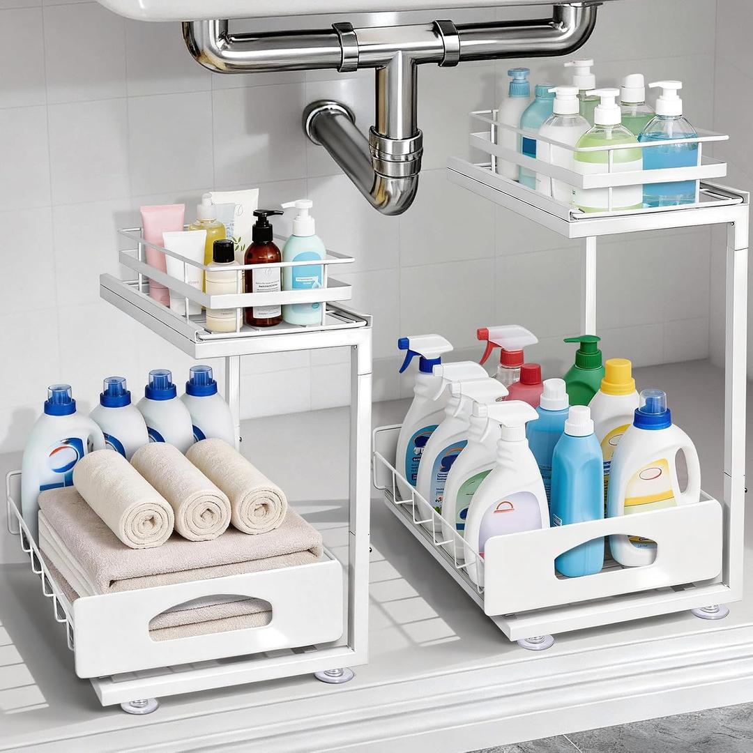 2 Pack Under Sink Organizer Upgrade To Professional Rails, 2-Tier Dual Pull Out Cabinet Storage, Height Adjustable Slide Out Drawers For Bathroom Kitchen General Purpose Storage Bins For Household Use