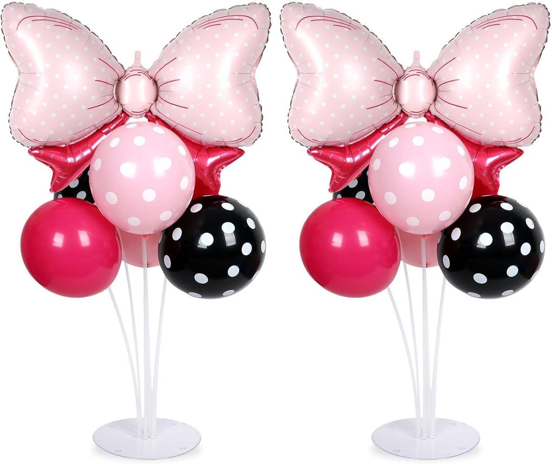 Pink Mouse Party Balloons Stand Kit 2 Sets with 2 Bow Foil Balloons Cartoon Mouse Themed Party Centerpiece for Table Pink and Black Bow Girls Women Gender Reveal Baby Shower Birthday Party Decoration
