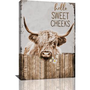 Highland Cow Wall Art - Rustic Cow Pictures, Farmhouse Bathroom Decor, Country Cattle Painting, 16x24 inch Framed Canvas Print for Office, Bedroom, Kitchen, Dining Room