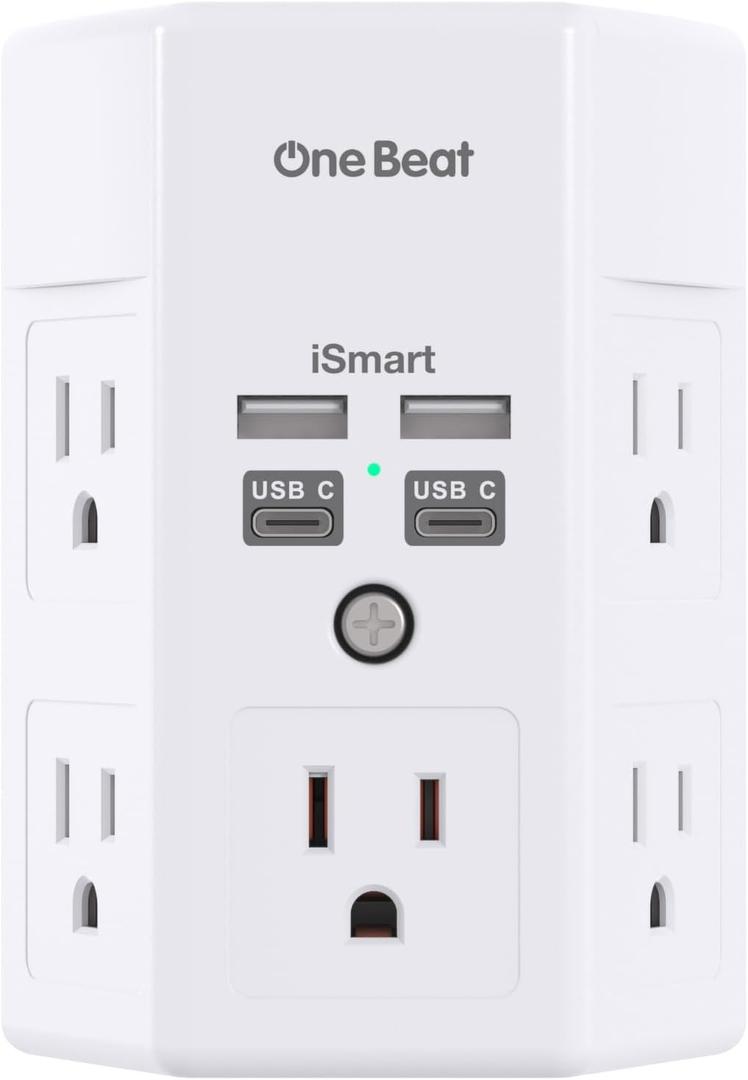 One Beat 1680J 3 Side Power Strip Multi Plug Expander, Surge Protector, 5 Outlets Extender, 4 USB Ports (USB C), Wall Mount Charger, Outlet Splitter Adapter for Home, Travel, Office, ETL Listed, White