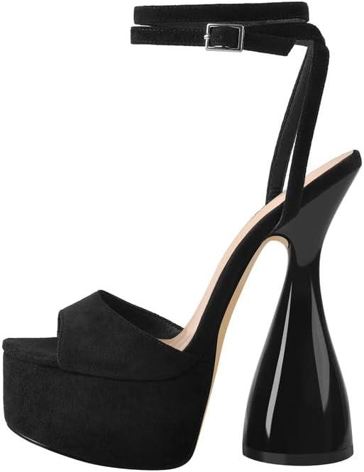 LISHAN Women's Platform Heeled Sandals Slingback Block High Heels (8, Black)