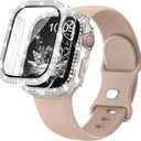 Compatible for Apple Watch Bands 41mm  with Screen Protector Case Women, Silicone Strap Bling Diamond Protective Cover Tempered Glass for iWatch Series 10 9 8 7 6 5 4 3 11 SE (MilkTea)