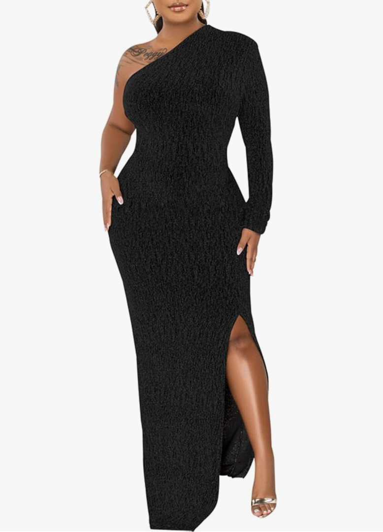 Women's Black Formal Dresses Elegant Long Sleeve Evening Party Dress Sexy One Shoulder High Split Cocktail Gowns,08Black XL