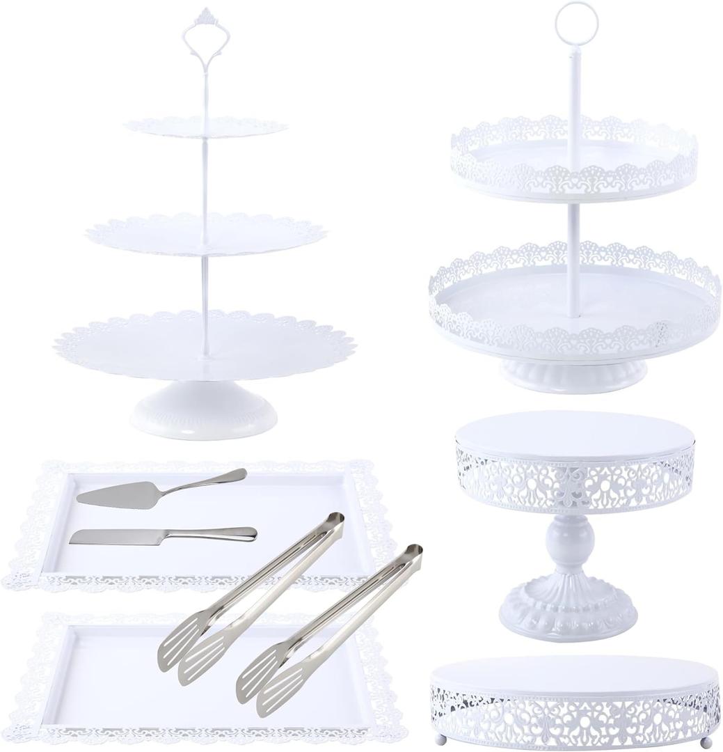 GMWD White Cake Stands Set Metal Dessert Display Table Cake Pedestal Tiered Cupcake Holder Donut Plate Serving Tray Decorating for Wedding Birthday Party Baby Shower Celebration