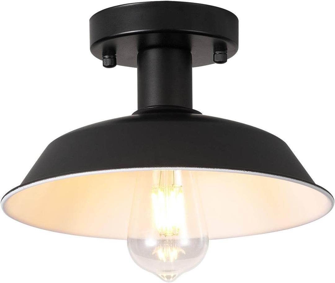 1-Light Black Outdoor Indoor Semi Flush Mount Ceiling Light Fixture, Metal Farmhouse Kitchen Light with E26 Base Socket, 10in Exterior Porch Light Entry Hall Light Fixtures (Bulb Not Included)