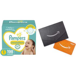 Pampers Baby Diapers Newborn/Size 1 (8-14 lb), 198 Count Swaddlers, ONE Month Supply (Packaging May Vary) x2 and Amazon.com Gift Card in a Mini Envelope