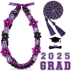 Graduation Ribbon Lei Class of 2025 Grad Lei Kit Graduation Double Braided Necklace with Honor Cord for Graduate Women Men High School College Grad Party Supplies(Purple, Black)