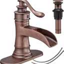 Bathroom Sink Faucet Waterfall Bath Faucets & Parts with Pop Up Drain Stopper Copper Farmhouse Antique Vanity Single Handle Single Hole Commercial Rustic Supply Lines Hose by Bathfinesse