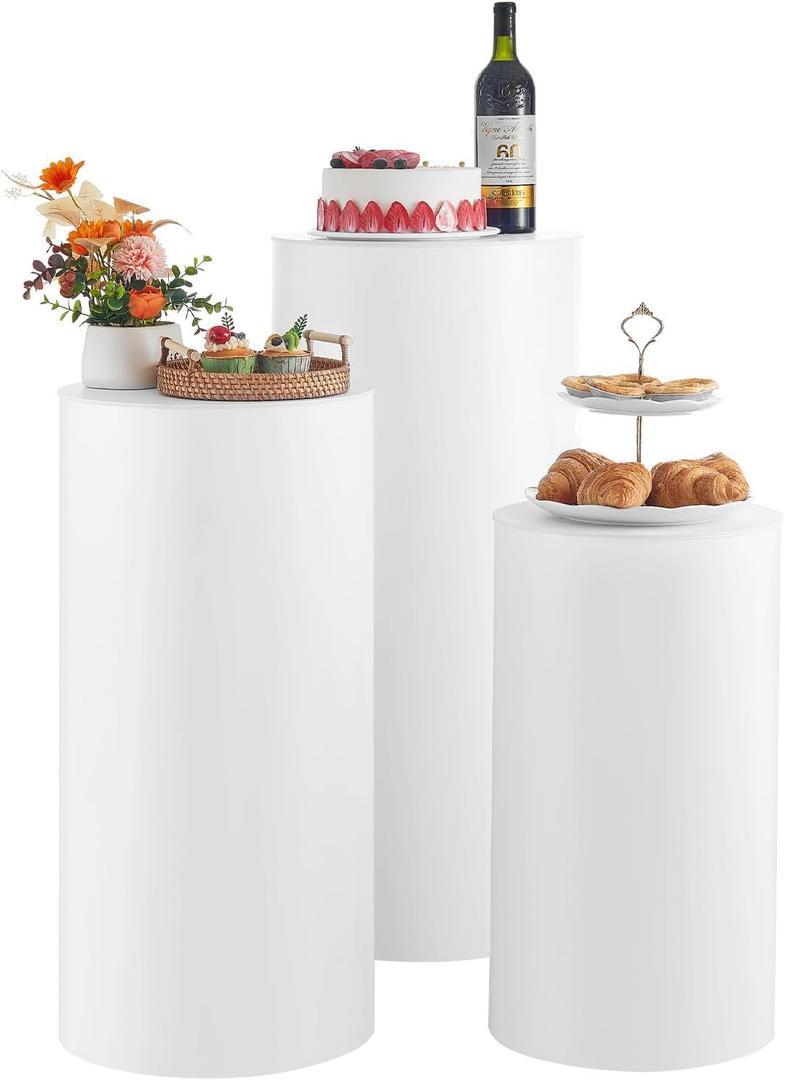 VEVOR Wedding Flower Stand, 3PCS 23.62/29.53/35.43 inch Round Cylinder Plinth, White Pedestal Stand with PVC Lid, Cylindrical Pedestal Stands for Wedding, Party, Birthday, Art Decor, 33.07 lbs Load