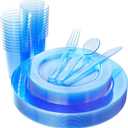 WDF 25 Guest Blue Plates with Disposable Silverware&Blue Cups-Neon Clear Plastic Dinnerware include 25 Dinner &Salad Plates,25Forks, 25 Knives, 25 Spoons,25 Cups for Graduation
