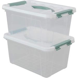 Gloreen 6 Quart Clear Storage Bins with Lid and Green Handle, Multipurpose Stackable Plastic Storage Latches Box/Containers, Set of 2