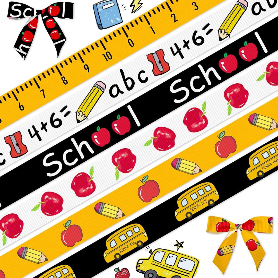 6PCS 3/8" Back to School Ribbons Pencil Apple School Theme Ribbons for Wrapping Gift 15 Yard, Kindergarten Decor Ribbon for Back to school Party Preschool Decoration Gift Wrapping DIY Supplies