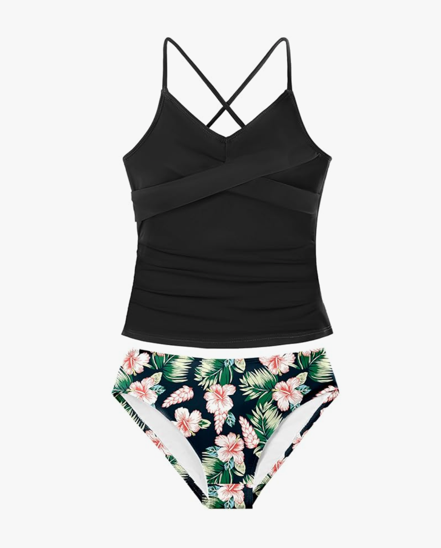 Girls Swimsuit Tankini Criss Cross Ruched 2 Piece Bathing Suit Printed Girl Swimwear for Teens 15-16Y