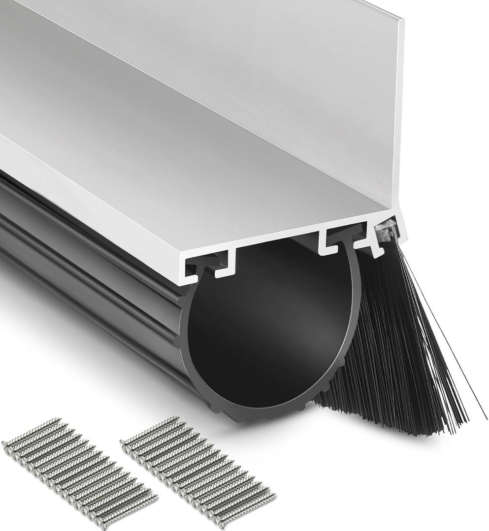 Zonon 16.5 Feet Universal Garage Door Seals Bottom Kit Weatherproofing Garage Door Weather Stripping Rubber Kit with Aluminum Track Retainer Base and Brush Kit Heavy Duty(U Shape), Silver White