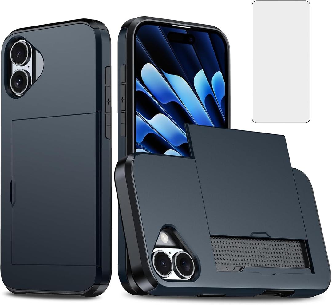 Asuwish Phone Case for iPhone 16 Plus 6.7 inch with Tempered Glass Screen Protector and Credit Card Holder Wallet Cover Hard Hybrid Cell Accessories i Phone16 16+ i16 + 16Plus Women Men Navy Blue (Navy Blue)