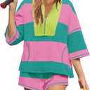 Yanekop Womens 2 Piece Outfits Summer Striped Workout Set Two Piece Matching Lounge Sets Half Sleeve Tops and Short Sets (Medium, Hot Pink Green)