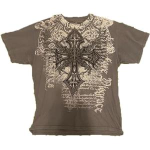 Men's Y2K Vintage T-Shirt Gothic Cross Graphic Print T-Shirt Round Neck Short Sleeve Tops (X-Large, Brown)