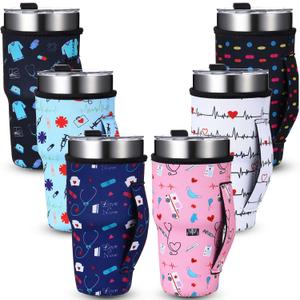 Chengu 6 Pcs Nurses Appreciation Gifts Reusable Iced Coffee Cup Sleeve Insulated Sleeves Tumbler Cup Drinks Sleeve Holder with Handle for Nurse Birthday Graduation 30 oz Cold Hot Beverages Without Cup
