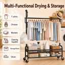 Rolling Clothes Drying Rack with Lockable Wheels, Heavy Duty Metal Laundry Drying Rack with 5 Hooks and 2-Tier Drying Shelves, Drying Rack Clothing for Indoor and Outdoor Use