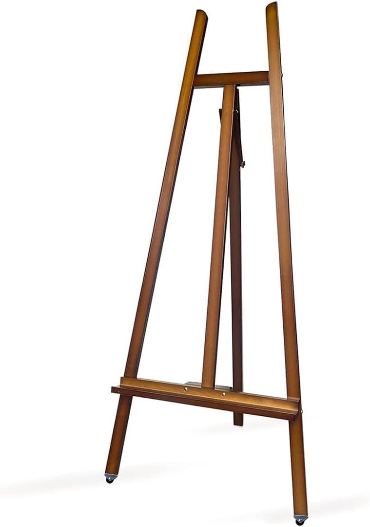 A - Frame Wooden Display Easel with Wheels - Adjustable Lyre Beechwood Studio Easel Stand Holding Canvas Up to 90", Inclinable Artist Floor Painting Easel for Artwork Painting, Brown