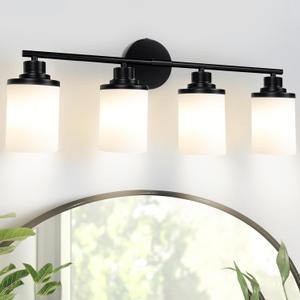 Holim Modern Black Bathroom Light Fixtures Over Mirror, 4-Light Vanity Lights for Bathroom, Vanity Light, Milky White Glass Shades, Wall Sconces, E26 Socket (Bulbs Not Included)