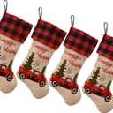 XIUSHE 4PCS Burlap Christmas Stockings Xmas Fireplace Hanging Stockings,Truck Christmas Buffalo Plaid Stocking Classic Stocking for Family Xmas Decoration Holiday Season Party Decor (4,Plaid Style)