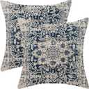 AEIOAE Boho Pillow Covers 18x18 Inch Set of 2,Carpet Pattern Throw Pillows Case,Navy Blue Beige Ethnic Design Outdoor Decorative Square Linen Farmhouse Decor Cushion Covers for Home Sofa Bed Couch 