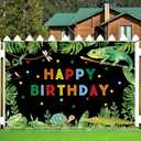 Renaiss 6x3.6ft Reptile Themed Birthday Banner Green Jungle Safari Swamp Birthday Party Decoration Crocodiles Lizard Frog Turtle Birthday Hanging Backdrop Kids Birthday Party Cake Table Banner