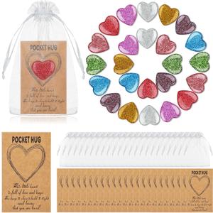 Motiskyy 50 Set Pocket Hug Token Bulk Heart Shape Stones with Hug Card Organza Bag Greeting Keepsake Exchange Relationship Card for Friend Family Colleague Back to School Gifts Celebration of Life