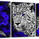 3D Leopard Canvas Wall Art for Living Room,Navy Blue Purple Rose Flowers Framed Wall Art Cheetah Print Wall Decorations,Western Wild Animal African Safari Animals Canvas Artwork Paintings,Black White Grey