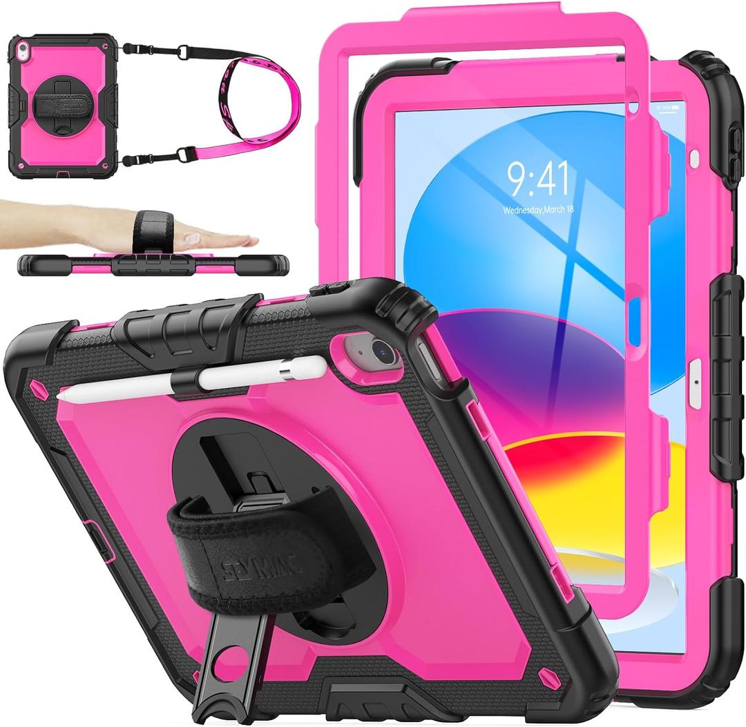 SEYMAC stock Case for iPad (A16) 11th/10th Generation 11''/10.9'' 2025/2022, Full-Body Drop Protection Case with Screen Protector &360 Rotate Hand Strap/Stand, Pink+Black