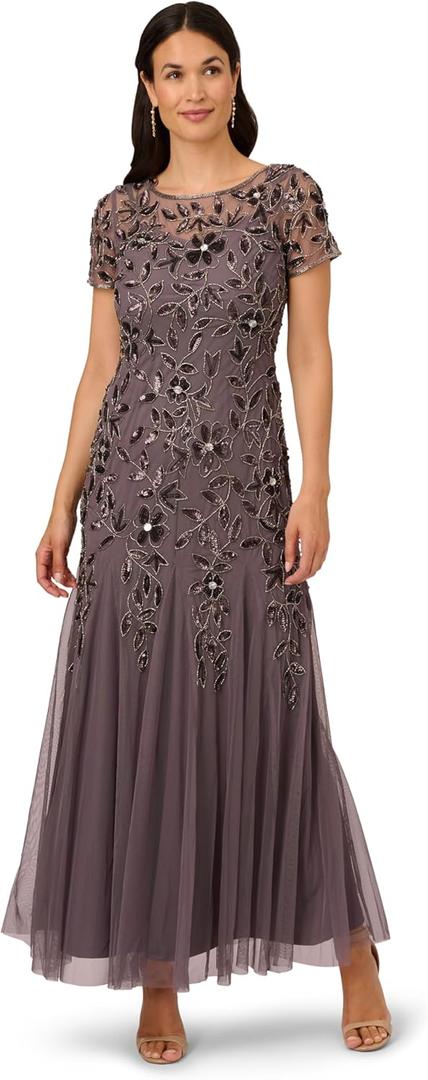 Adrianna Papell Womens Bead Long Dress with Godets (14, Moonscape)