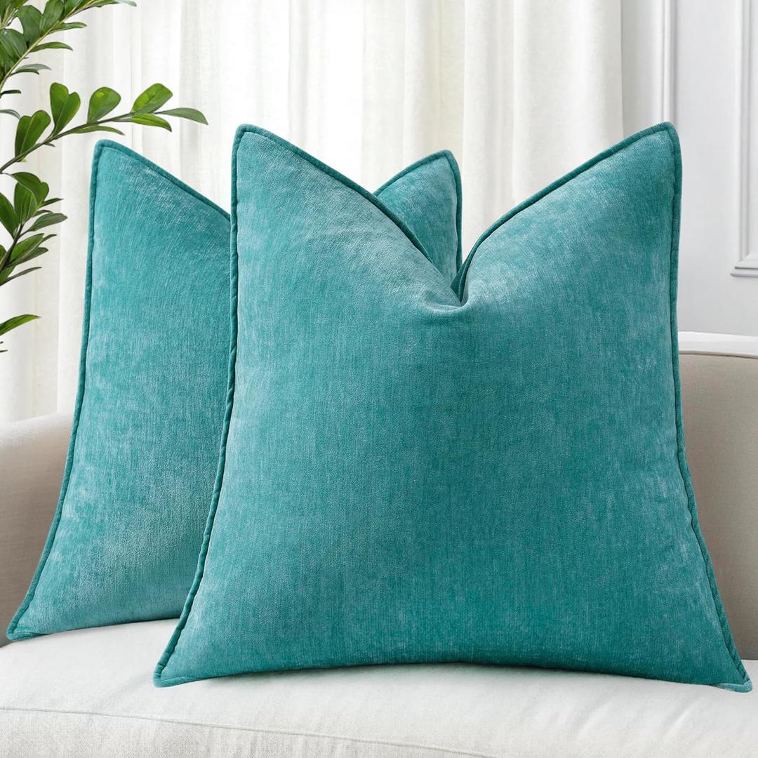 DecorUhome Spring Couch Euro Sham Throw Pillow Covers 24x24 Set of 2, Decorative Soft Velvet Modern Cozy Chenille Pillow Cases with Elegant Design for Sofa Bed Living Room Home Decor, Teal