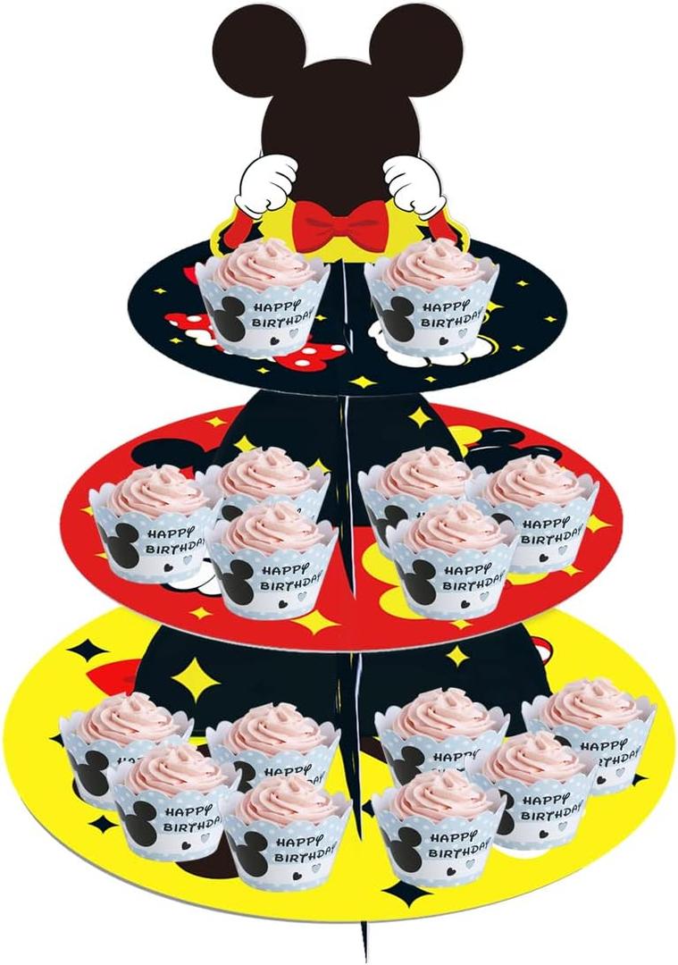Large 3-Tier Mickey Minnie Cupcake Stand 12Inch Cardboard Cupcake Tray for Wedding Birthday Baby Shower Mickey Minnie Birthday Party Supplies