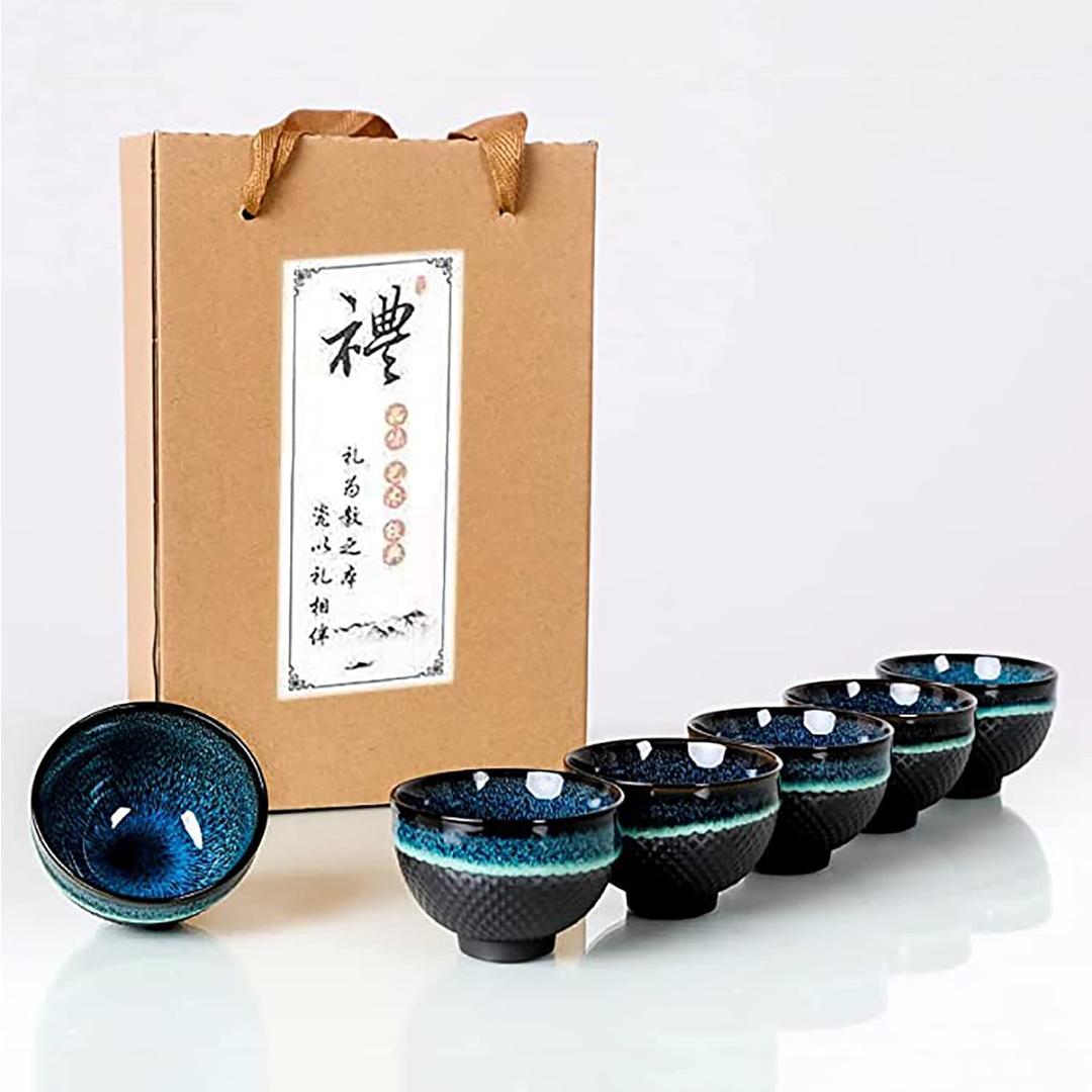Chinese Ceramic Kung Fu Tea Set of 6, Japanese Tea Cup, Sake Cup, Ceramic Tea Set (Blue)